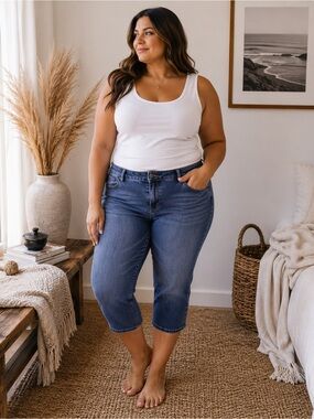 Plus Size Crop Jeans in Medium Blue - Comfortable Stretch Denim size 16